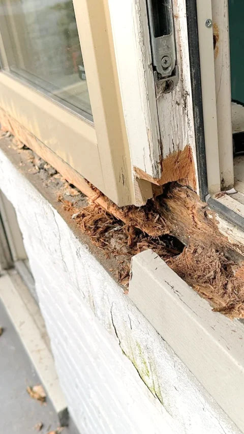 Kozijn en onderdorpel herstellen — Aangetast hout, een nieuwe houtsectie en het aanbrengen van reparatiemiddel.