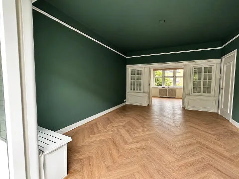 Groene wanden en plafond — Groentinten met wit houtwerk en sierlijsten.